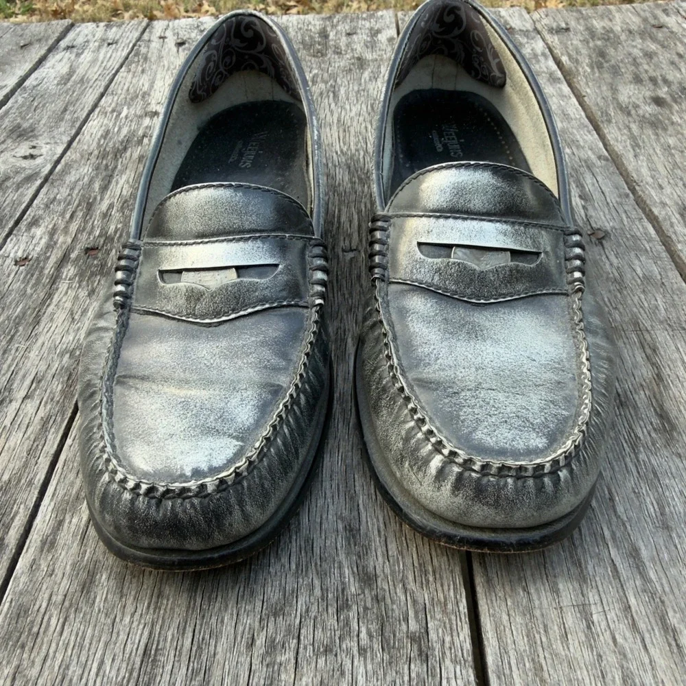 GH Bass Weejuns Wayfarer VII Penny Loafers Mens 9M Metallic Silver Black Leather